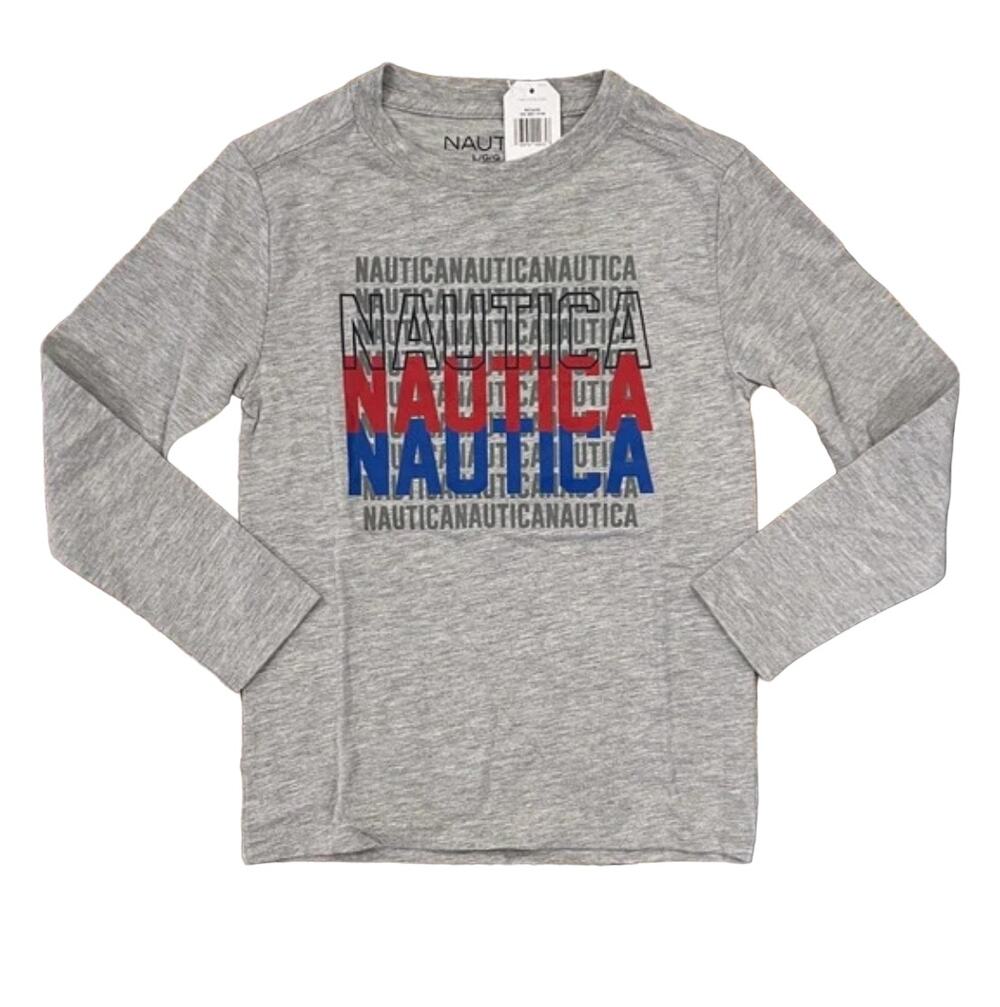 NWT Nautica Boy's Grey W/Blue, Red & Black LOGO Long Sleeve T-Shirt - SIZE L (6)